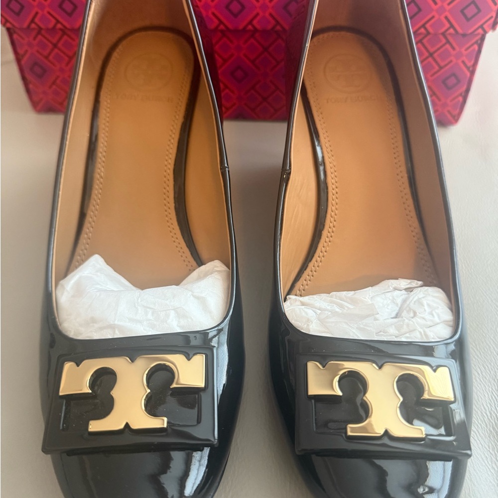 Tory Burch Black wedge with Gold Logo